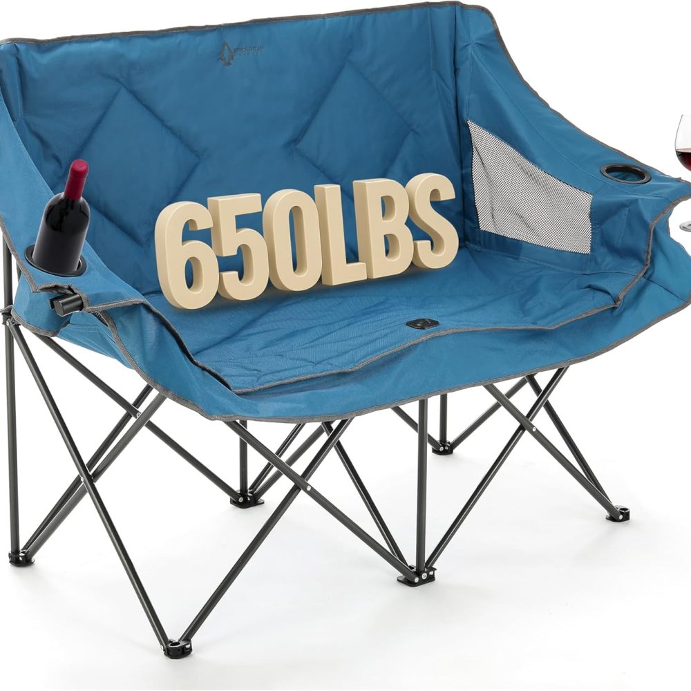 ARROWHEAD OUTDOOR Portable Folding Double Duo Camping Chair Loveseat w/ 2 Cup & Wine Glass Holder, Heavy-Duty Carrying Bag, Padded Seats & Armrests, Supports up to 500lbs, USA-Based Support