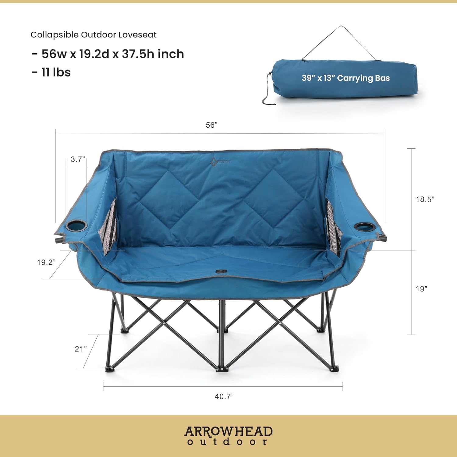 ARROWHEAD OUTDOOR Portable Folding Double Duo Camping Chair Loveseat w/ 2 Cup & Wine Glass Holder, Heavy-Duty Carrying Bag, Padded Seats & Armrests, Supports up to 500lbs, USA-Based Support - Image 3