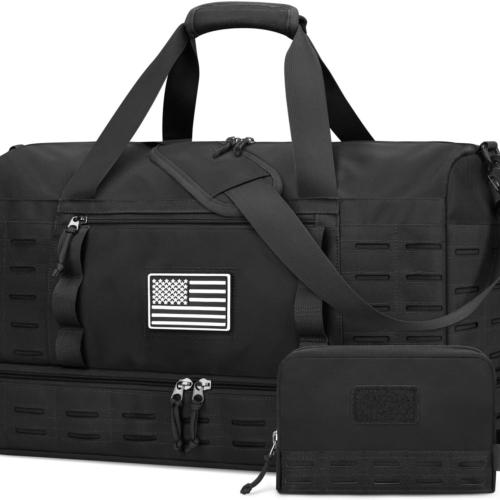Travel Bag for Men, Tactical Gym Duffle with Shoe Compartment & Toiletry Bag, Waterproof Carry On Weekender with Molle System for Overnight Trip, Tactical Use, Flight Approved, Black